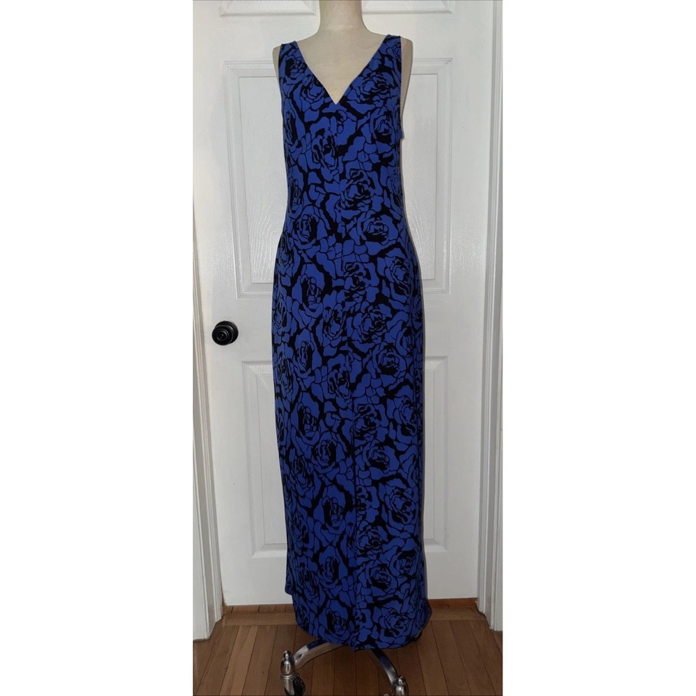 SAUNDERS Blue Floral Black A-Line V-Neck Sleeveless Greta Dress size 10 Slit
